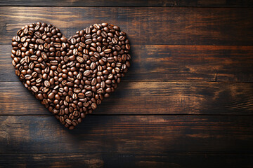 Closeup fresh roasted Arabian or aroma coffee beans on shape of heart. Organic coffee concept background. Top view, flat lay backdorp with copy space