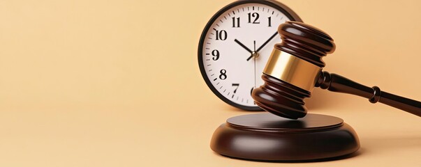 A judge's gavel on a wooden podium with a clock in the background, symbolizing justice and time management in the legal system.