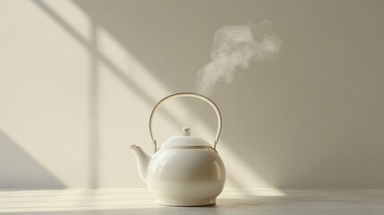 Poster - A white tea kettle releases gentle steam, set against a light backdrop that enhances the peaceful atmosphere of the kitchen. Generative AI