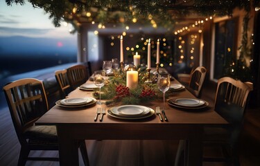 A beautifully set dinner table with candles, wine glasses, and a centerpiece of evergreen branches with red berries, illuminated by warm lights.