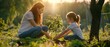 © COK House - A woman and a girl plant a sapling outdoors in casual attire, creating a peaceful scene with sunset light.