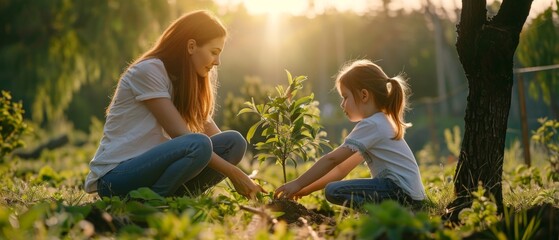 A woman and a girl plant a sapling outdoors in casual attire, creating a peaceful scene with sunset light.