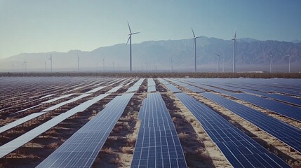 Time Lapse of a large field of solar panels in the desert. A wind farm can be seen in the background. . -