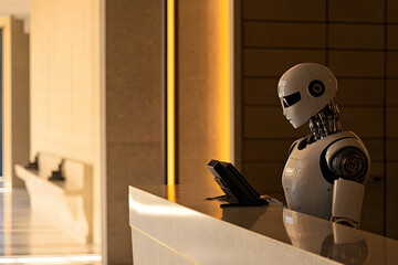 A humanoid robot stands at a sleek, minimalistic reception desk, embodying the future of technology in an elegant environment