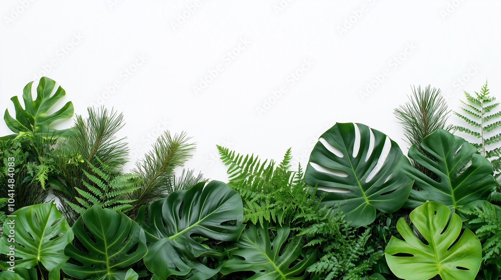 Lush green tropical plants leaves bush leaf with monstera, palm, rubber ...