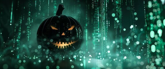 A glowing jack-o'-lantern with a sinister grin sits amidst a digital environment. The green code and futuristic backdrop create a unique Halloween-tech fusion atmosphere