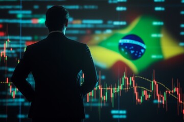 A businessman standing in front of a digital trading platform, economic growth, stock exchange with market chart, brazil economy and finance . investment trends global challenges.