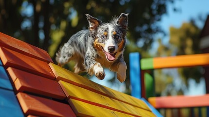 Energetic Dog Leaping Over Vibrant Obstacles in an Outdoor Agility Course