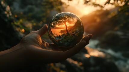 A hand holds a glass sphere reflecting a serene landscape at sunset.