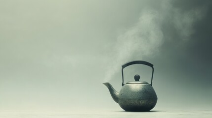 Aufkleber - A kettle on the stove releases thin lines of steam, creating a calming atmosphere with its muted backdrop, perfect for a cozy moment. Generative AI