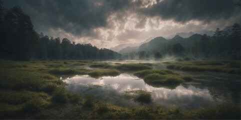 Canvas Print - Tranquil wetland at dusk with mist rising and mountains in the distance