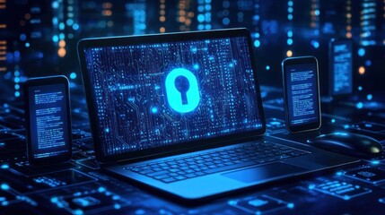Fototapete - Laptop and Phone Displaying a Keyhole on a Circuit Board Background