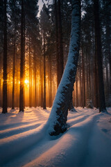 Canvas Print - Snow-covered pine trees under a glowing sunset in a frosty evening forest