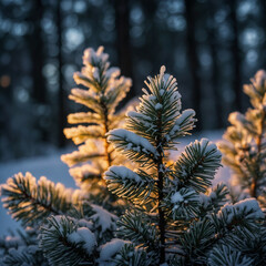 Canvas Print - Snow-covered pine trees illuminated at twilight during a frosty winter evening