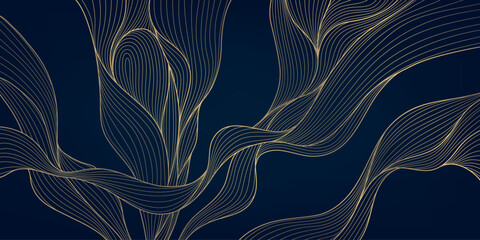 Wall Mural - vector gold on black line pattern, wave texture design, premium curve banner. glitter ornament illus