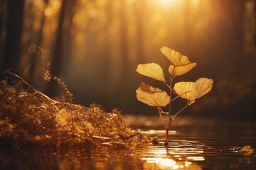 Canvas Print - Golden leaves reflect sunlight on serene water in a quiet forest setting