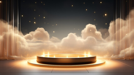 Wall Mural - golden round podium with light clouds, a stage for a new product with an empty copy space