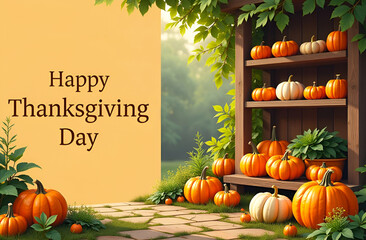 Wall Mural - Happy Thanksgiving day banner with pumpkins in the garden on the shelves and on the grass