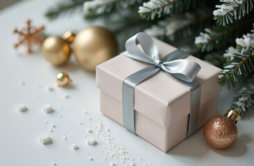 Elegant christmas gift box with silver bow under festive tree