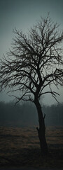 Canvas Print - A lonely tree in a foggy landscape at dusk