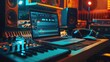 © Ayan - Modern Music Record Studio Control Desk with Laptop Screen Showing User Interface of Digital Audio Workstation Software. Equalizer, Mixer and Professional Equipment. Faders, Sliders. Record. Close-up