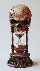 Skull on an hourglass on a background symbolizing the transience of life, still life
