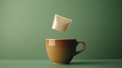 Aufkleber - A tea bag is gently dipped into a brown cup, releasing its flavors into the steaming water, creating a moment of tranquility. Generative AI