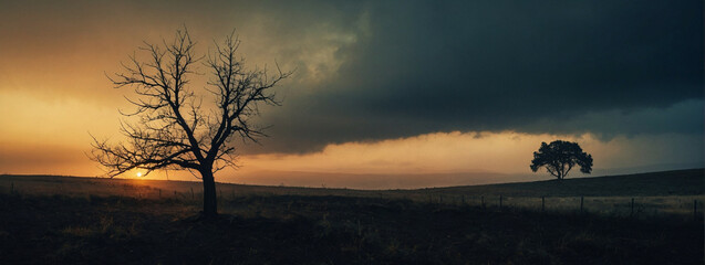 Wall Mural - a tree silhouetted against a dramatic sunset in a quiet landscape, panorama, banner with copy space for text