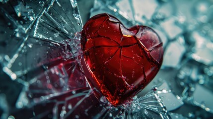 Wall Mural - Shattered Red Heart Behind Broken Glass Symbolizing Heartbreak