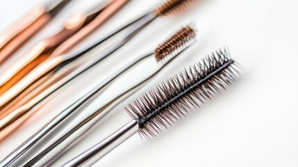 A collection of various eyelash brushes arranged in a line on a white background.