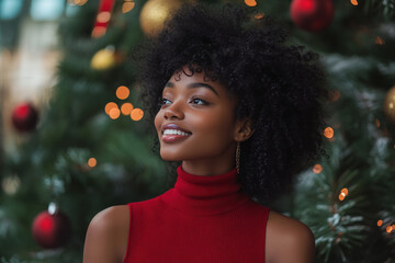 African girl wearing red knit sweater with copy space for christmas background