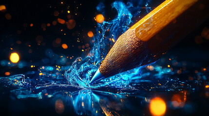 Poster - Dynamic splash effect created by a pencil on a vibrant blue background capturing the essence of creativity and motion