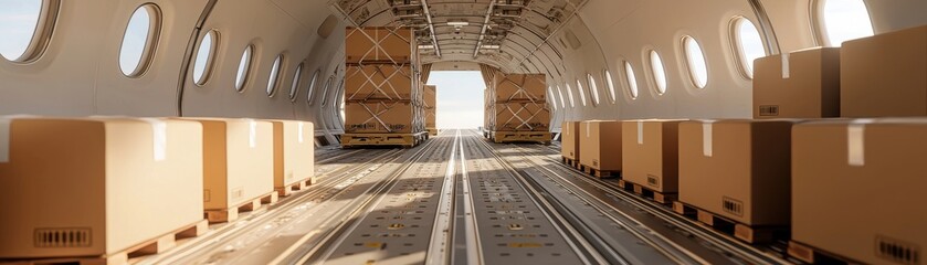 Interior view of cargo aircraft with stacked boxes, showcasing logistics and freight transport.