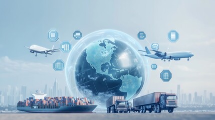 Global logistics network connecting worldwide with air cargo ship and truck transportation