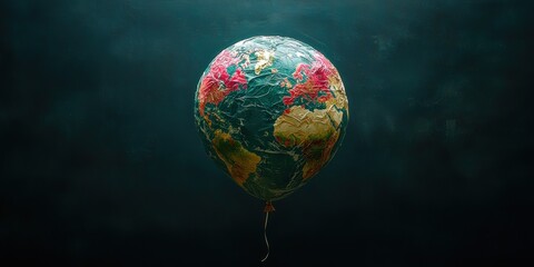 A World Map Balloon Floating Against a Dark Blue Background