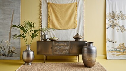 Canvas Print - Asian-Inspired Home Decor with Metal Vases and Cabinet