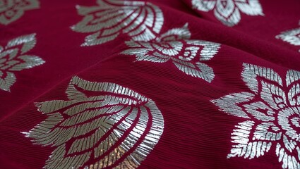 Poster - Closeup of Red Fabric with Silver Floral Design