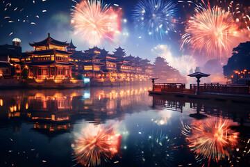 Colorful fireworks reflecting over a calm river as Chinese New Year festivities light up the night, with glowing lanterns in the foreground.