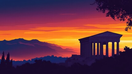 Wall Mural - Greek temple during a dramatic sunset warm colors casting a glow on the stone structure