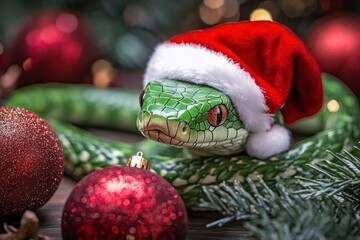 Green snake wearing santa hat surrounded by christmas decorations