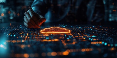 Poster - Hand Drawing a Glowing Cloud Symbol on a Digital Interface