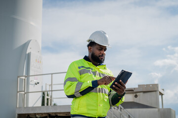 A man in a yellow safety jacket is looking at a tablet. He is wearing a hard hat and safety glasses. electrical, engineer, environment, energy, clean, sustainable, wind turbine, nature