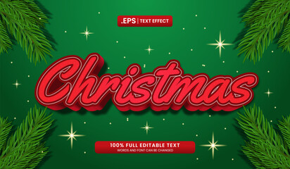 Wall Mural - red christmas editable text effect on a green background with pine branches. 3d bold text vector ill