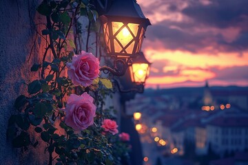 Pink roses with a romantic ancient town backdrop