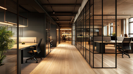 A modern office interior with glass partitions, wooden floors, and a sleek, minimalist design.