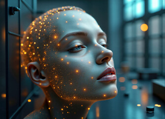 Woman with glowing skin is looking up in modern laboratory