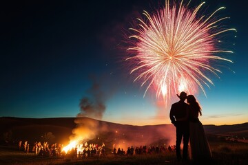 Romantic couple enjoying fireworks on a beautiful evening outdoors