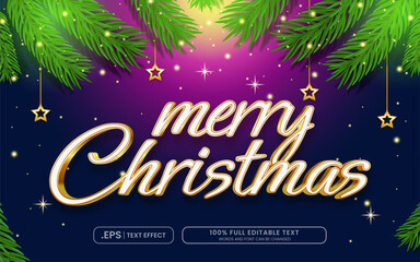 Wall Mural - design editable text effect, merry christmas 3d text effect vector illustration with pine branches, 