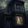 © Forrest - a creepy old in bad shape house. Curtains blowing is n the wind. Paint is falling of the walls. A persoon is standing on the second Floor Looking true a window. Overall a dark and eerie setting
