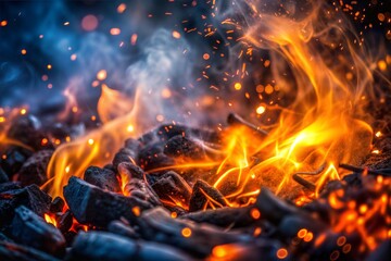 Wall Mural - Close-up of flames and smoke from burning embers with smoke texture